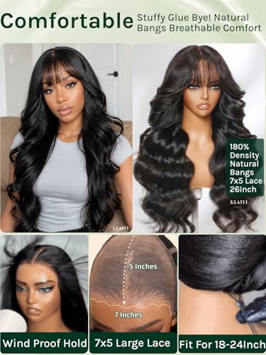 Image of KLAIYI Bye Bye Slip Loose Body Wave Precut 7x5 HD Lace Front Wigs Human Hair 180% Density Drawstring Pre Plucked Bleached Knots 3S Ready to Wear and Go Wig with Curtain Bangs Beginner Friendly 18Inch