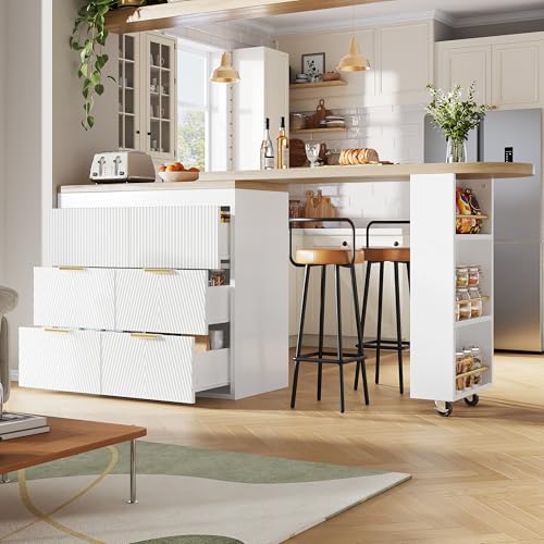 JCFEIDQW Mesa de bar extensible, mesa de bar giratoria 360°, aparador móvil, isla de cocina con 6 cajones y puertas de ratán de polietileno, protección antivuelco, para cocina, comedor, 128-203 x 39 x