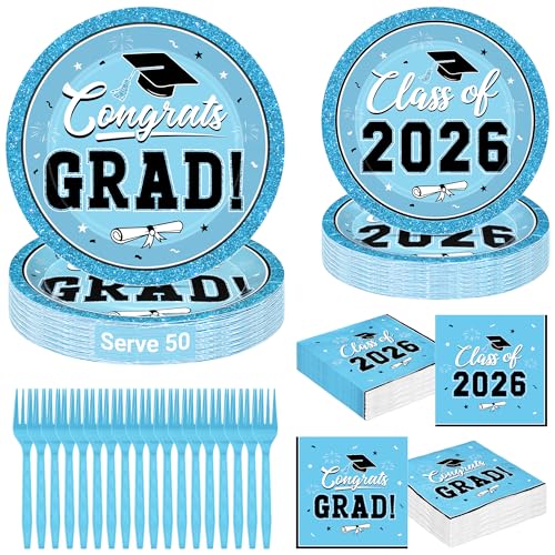 Image of QZYL 50 Set Graduation Party Supplies, Sky Blue Graduation Plates and Napkins 2026, Disposable Dessert Plates and Plastic Forks, 200Pcs Grad Party Tableware for Wedding, Birthday, Graduation