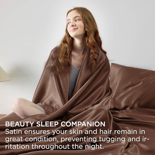 Image of Bedsure Satin Sheets Full Size, Soft Silky Bedsheets for Hair & Skin | Similar to Silk Bed Sheets Set 4 Piece with 15 Inches Deep Pocket Fitted Sheet,1 Flat Sheet, 2 Satin Pillowcases