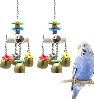 MiOYOOW 2PCS Bird Enrichment Toys, Stainless Steel Hanging Parrot Chew Toys with Bell & Star Pendants for Cockatiels, Conures, Lovebirds, Parakeets