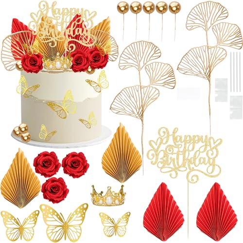 Gyufise Happy Birthday Cake Topper Decorations Red Rose Butterfly Crown Cake Decor for Valentine's Day Birthday Wedding Party DIY Cake Decorations Supplies Gold Red