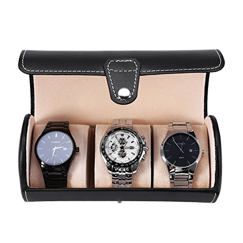 Qkissi Boîte de Montre, boîte à Bijoux, Support de Rouleau de Montre 3 grilles cylindriques, vitrine de Montre, boîte de Rangement pour Cadeau de Bijoux(Noir) Cover