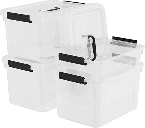 Miniatura 7 de 4 paquetes de contenedores de plástico de 10 cuartos de galón con tapas, contenedores de almacenamiento apilables para organizar, caja de