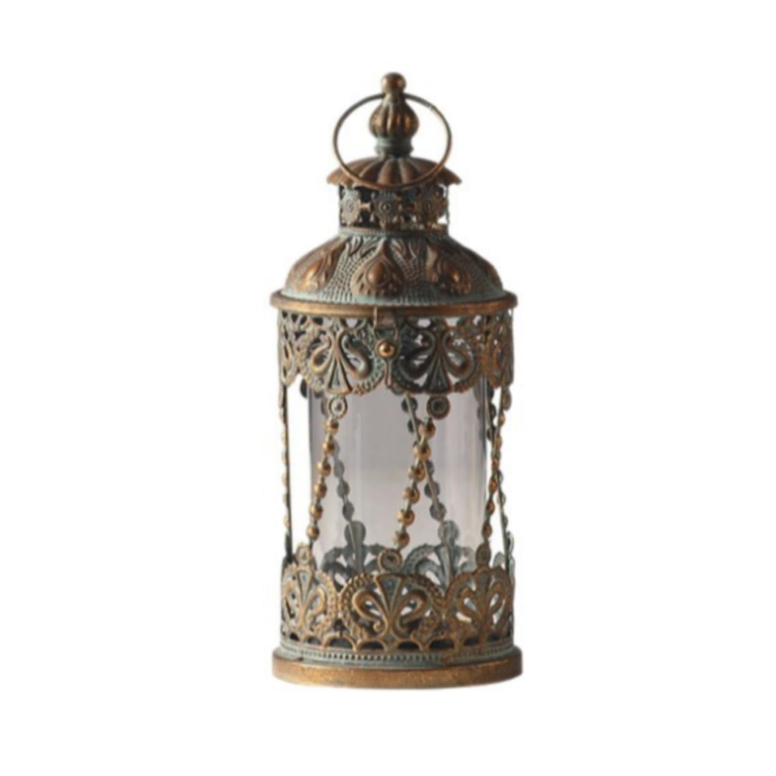 B Baosity Portavelas de Vidrio Hierro Farol Decorativo Antiguo Bronce Soporte de Vela Linterna con Trabajo en Base y Parte Europeo Adecuado para Salón Estudio Dormitorio, 12.5 12.5 29
