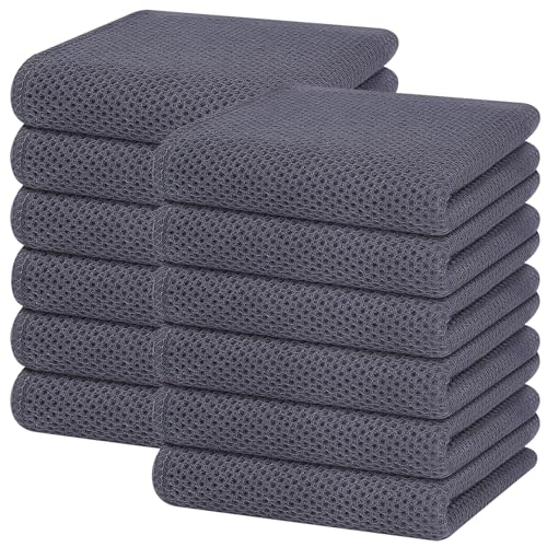 Image of Homaxy 100% Cotton Waffle Weave Kitchen Dish Towels, Ultra Soft Absorbent Quick Drying Cleaning Towel, 13 x 28 Inches, 12-Pack, Dark Grey