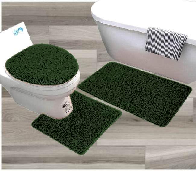 Gorgeous Home LINEN 3 Piece Bathroom Floor Bath Mats Rugs Set with Lid Cover Non-Skid Absorbent Solid #6 (Hunter Dark Green)