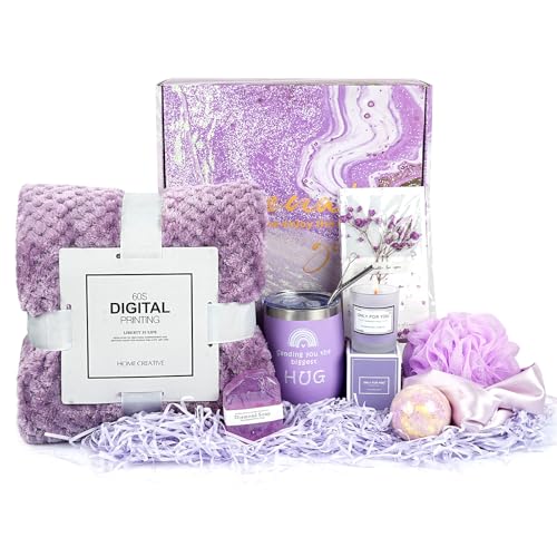 Birthday Gifts for Women, Spa Gifts for Women, Get Well Soon Gift Baskets, Relaxing Spa Care Package with Luxury Flannel Blanket,Purple Gift Box for Valentines, Mom,Wife,Girlfriend,Daughter,Friends