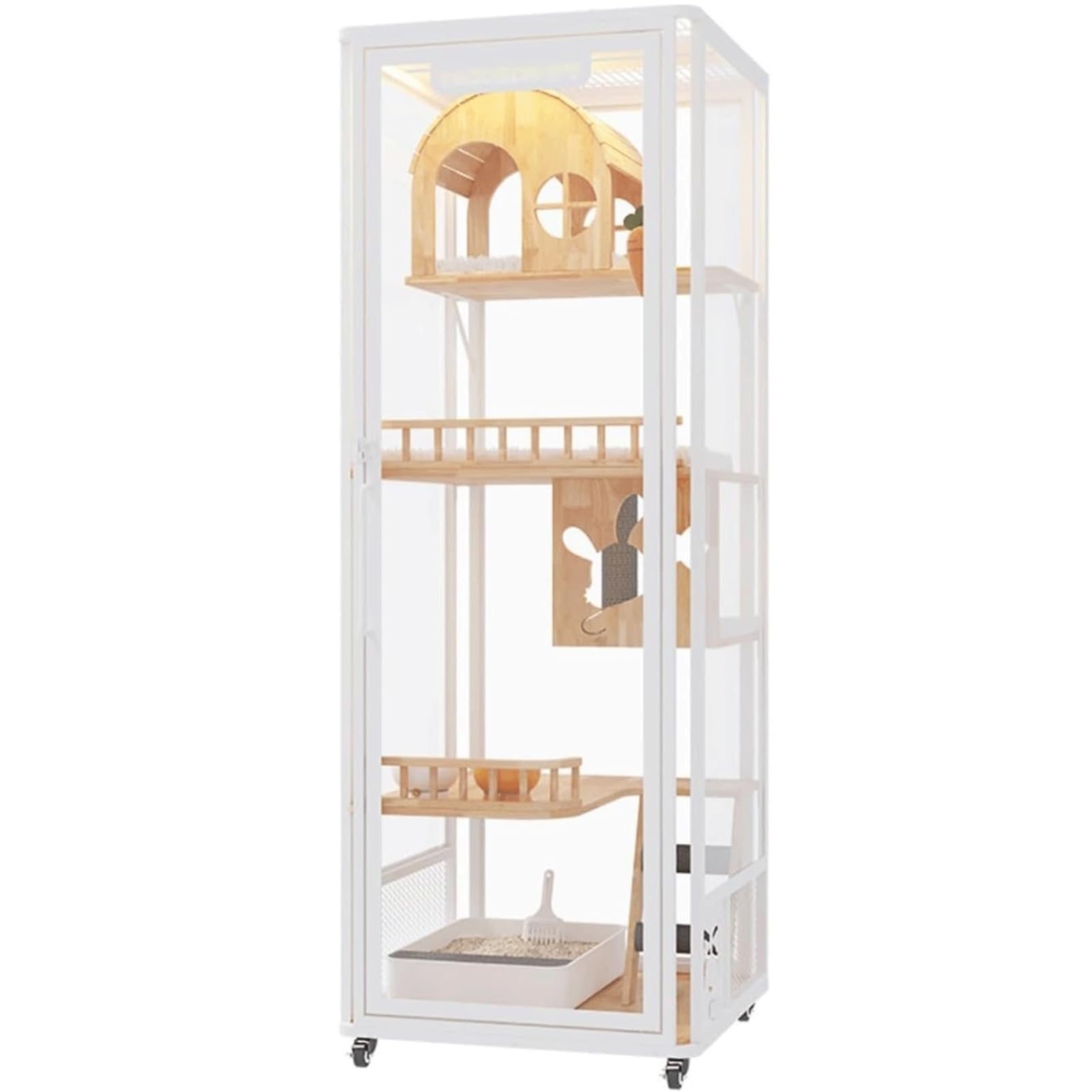 360° Tempered Glass Panorama Cat House, Multi-layer Solid Wood Cat Cabinet, Ventilation Design Cat Cage with Universal Wheels