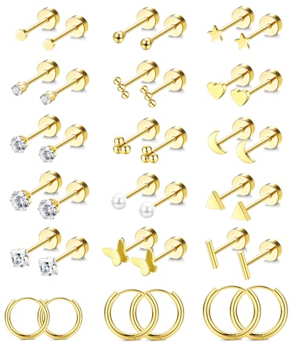 Jstyle Small Hypoallergenic Flat Back Stud Earrings for Women Men, 14K Gold Surgical Stainless Steel Earrings for Sensitive Ears Tiny Screw Back Cartilage Earring Sets for Multiple Piercing