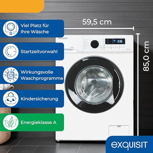 Exquisit Waschmaschine 8kg, Energieeffizienzklasse A, max. 1400 U/Min, 13 Programme, Startzeitvorwahl, Kindersicherung, WA58014-020A weiss – Bild 3