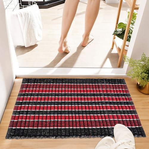 Image of Kuber Industries Pack of 2 Rectangle Durable Door Mats for Home & Living Room | 23x15 Inch Rainy Season Mats for Floor & Footmats for Bedroom, Kitchen & Balcony | Strips - Red & Black