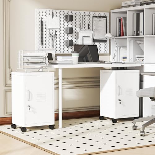 Image of PAOFIN Metal Locker Cabinet,Under Desk Metal Vertical Filing Cabinets with Shelf and Wheels for Home Office Organizer Letters, Employees, White (Required Assembly)