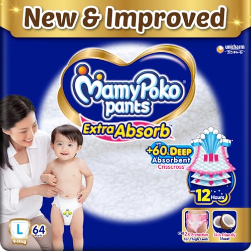 MamyPoko Pants Extra Absorb Baby Diapers, Large (L), 64 Count, 9-...