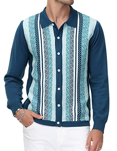 PJ PAUL JONES Vintage Long Sleeve Lapel Shirt for Men Casual Stripe Button Down Polo Shirt