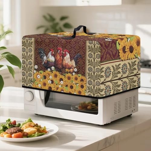 Image of Microwave Oven Dust Cover Air Fryer Toaster Oven Protector, Stain-Resistant Small Appliances Cover, S, 18.25 x 14.5 x 11 Inches, Rooster Chicken Sunflower Daisy