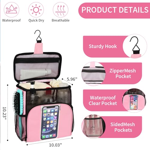 Shower Caddy Portable, Large Capacity Shower Caddy Dorm Tote bag, Hanging Shower Bag for College Dorm Room Essentials, Quick Dry Mesh Toiletry Bag with Phone Pocket for Boys and Girls (pink) - Image 4