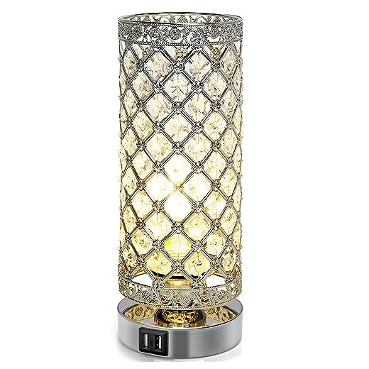 Crystal Touch Control Table Lamp with Dual Fast USB Charging Ports, 3-Way Dimmable Decorative Bedside Nightstand Desk Lamps for Bedrooms Living Room, Small Night Light Lampshade, T45 LED Bulb Included