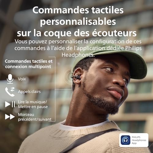 Philips TAQ2000BK écouteurs True Wireless Style oreillette, Conception Open Ear - multipoint Bluetooth, autonomie 28 Heures, boîtier de Charge en Format de Poche, appels clairs - Noir