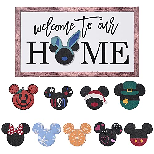 Welcome Sign Door Porch Decor - Mi-ckeys Welcome to Our Home Sign with Interchangeable 10 Different Logos Home Decor Wall Art Sign 14 x 8 Inch