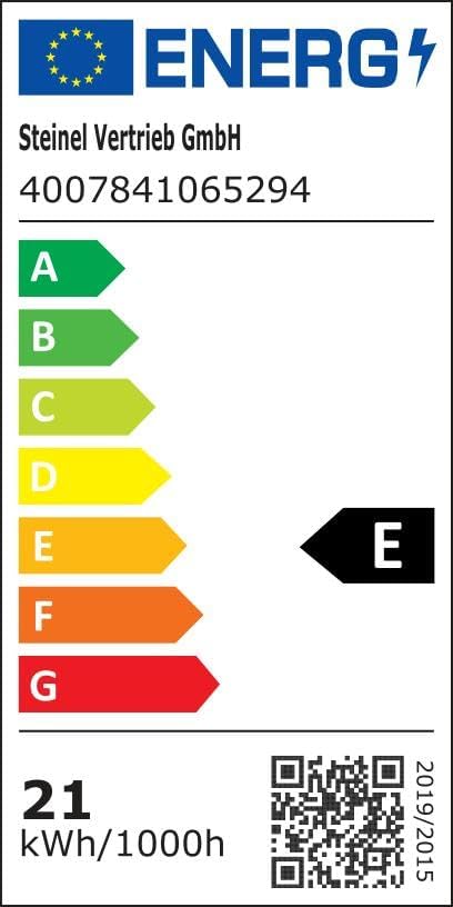 EU Energy Label for Steinel XLED CAM 1 SC, showing energy efficiency class E and 21 kWh per 1000 hours