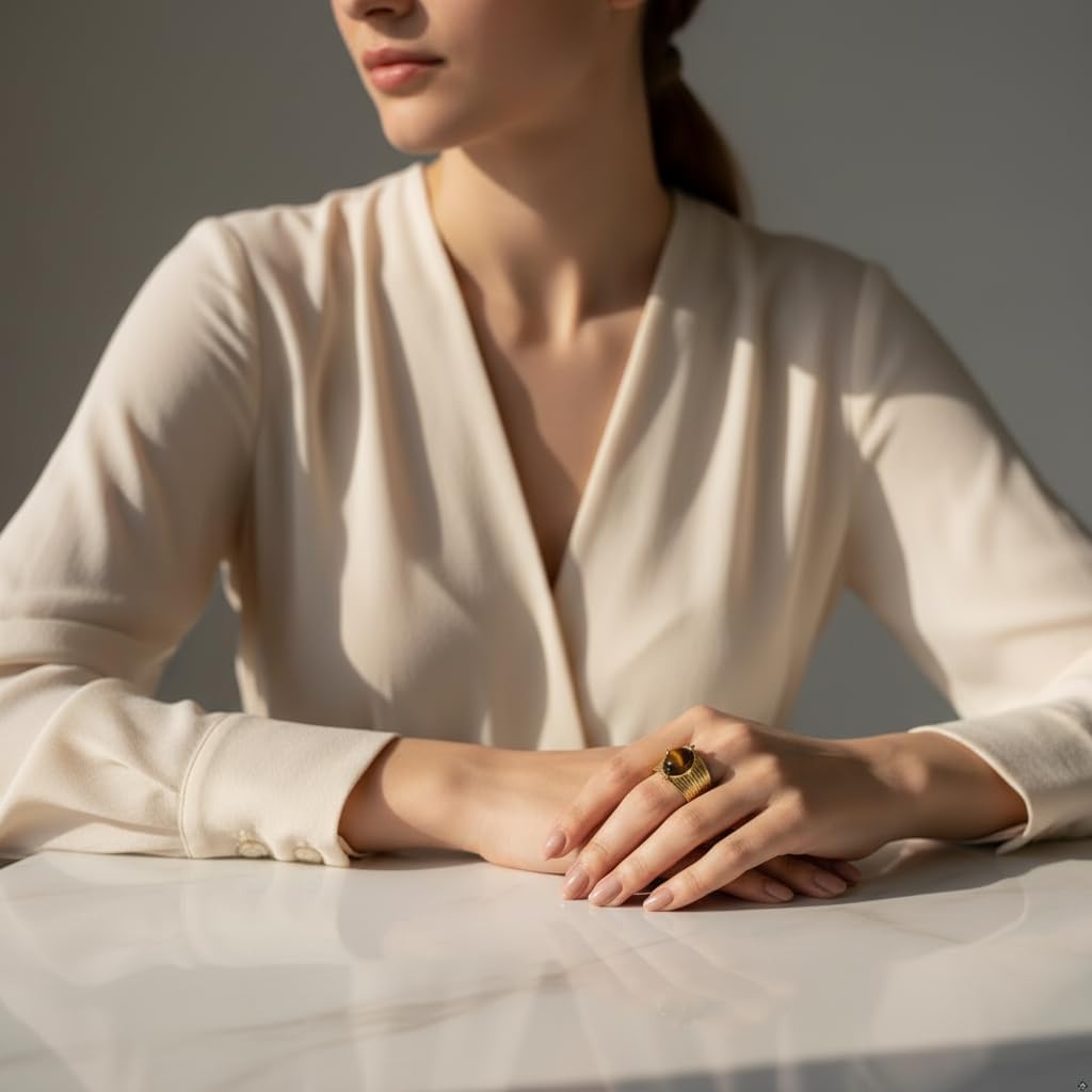 Western Captivating Tiger's Eye Stone Ring,Solitaire 8 * 10mm Oval Cut Gemstone 18K Gold Plated Stack 13mm Wide Ribbed Texture Band Statement Ring for Women - Image 2