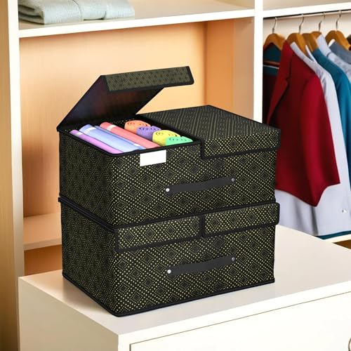 Image of Kuber Industries Non-Woven (Pack of 2) Cloth Organizer for Wardrobe (Small) Foldable Storage Box with Double Lid | Drawer Organiser | Golden Dot | Black
