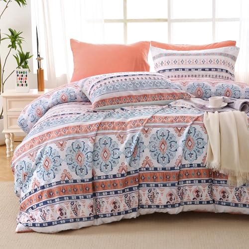 Image of MUXHOMO Boho Pink Full Comforter Set, Elegant Floral Print Bed in a Bag 7 Pieces, Ultra Soft & Breathable Reversible Botanical Pattern Bedding Set with Comforter, Sheets, Pillowcases, and Shams