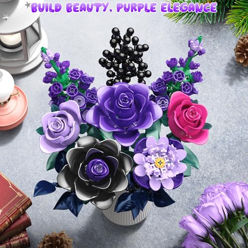 Purple Rose Building Blocks Set for Kids, 701PCS Flower Bouquet Toy, DIY Artificial Plant Gift for Girls, Women, Valentine's Day, Birthday, Mother's Day, Halloween Home Decor - Image 3