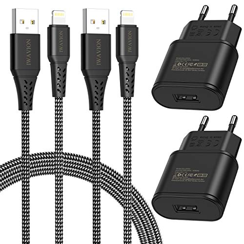 IWAVION Cargador para iPhone 11 Pro MAX XR XS XS MAX X 8 8 Plus 7 7 Plus 6s 6s Plus 6 6 Plus 5s 5 SE, 2X Cargador USB de Pared Movil Pared Enchufe Adaptador Cargador de Red USB + 2X Cable de Carga