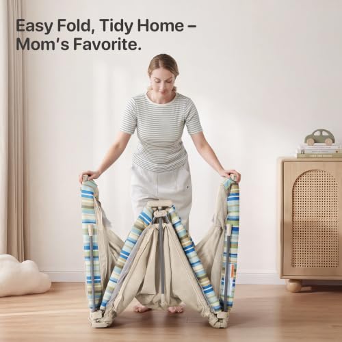 Image of Foldable Baby Playpen,Portable Play Pen for Babies 6-12 Months,59 inchx79 inch Playpen for Babies and Toddlers with Gate,Indoor & Outdoor Collapsible Baby Play Pen with Travel Bag(Khaki+Green Stripes)