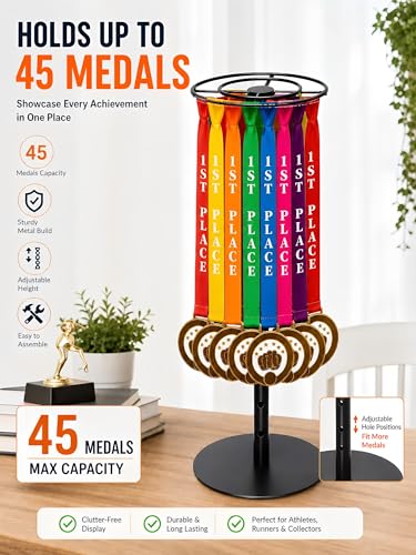 Image of Rotatable Medal Hangers Display - Tabletop Metal Medal Holder Rack with Adjustable Height, Holds 45+ Medals, Perfect for Athletes, Runners, Gymnastics, Adults, and Fitness Enthusiasts