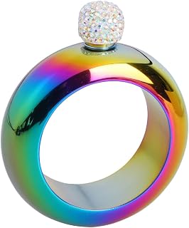 3.5oz Smooth Stainless Steel Portable Bracelet Hip Flask for Storing Whiskey/Alcohol (Colorful + Rhinestones Lid)