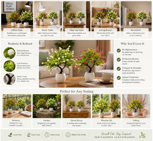 Image of Pack Of 2 , Mini Fake Flower Pot For Home Decoration Item , Artificial Flower Pot For Indoor Decor & Outdoor Decor , Office Plant Plant , Artificial Plants With Pot , Pink & White Blossom Faux Plants
