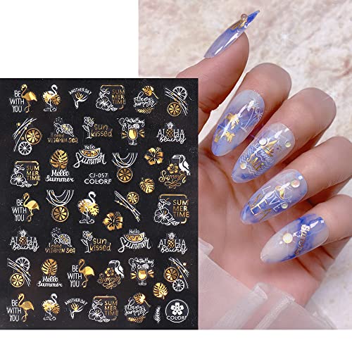6 Sheets Luxury Gold Nail Art Stickers Metallic And White Decals 3D Self-Adhesive Seashells Summer Ocean Beach Palm Tree Maple Leaves Nail Designs For Women Girls Acrylic Nails Decorations Supplies #TOP2
