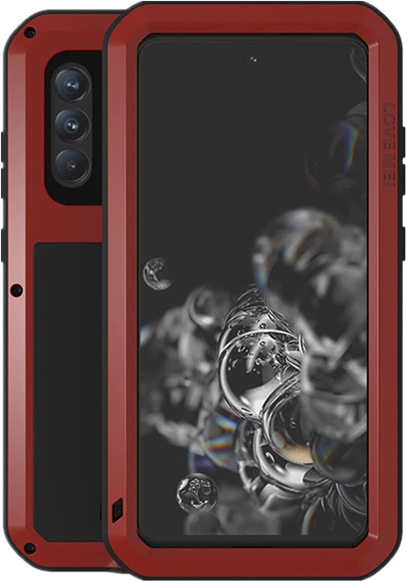LOVE MEI Compatible with Samsung Galaxy S21 FE 5G Case, Outdoor Sports Waterproof Military Heavy Duty Shockproof Dustproof Hybrid Aluminum Metal+Silicone+Tempered Glass Case Hard Cover (Red)