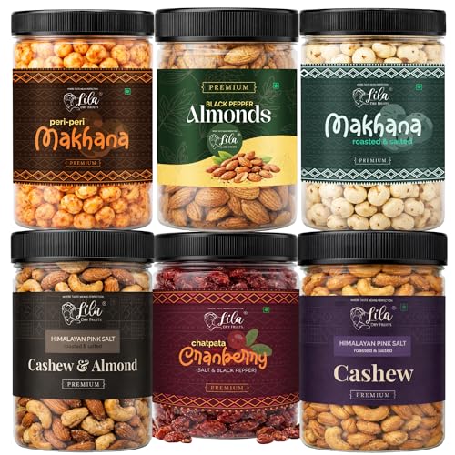 Image of LILA DRY FRUITS Party Snack Combo Roasted Cashew, Himalayan Pink Salt Cashew Almond, Black Pepper Almond, Chatpata Cranberry, Makhana Peri Peri, Makhana Roasted (500 grams)