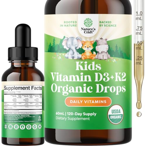 Natures Craft Kids Vitamin D3 K2 Drops - Organic Vitamin D for Kids for Strong Bones & Joints - Infants, Babies and Toddler Immune Support Drops...