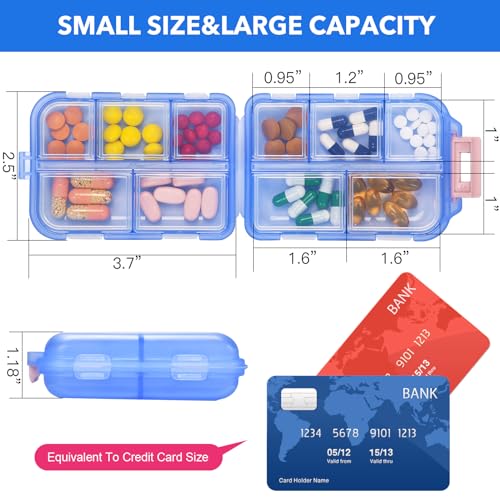 Image of Travel Pill Organizer with 189 Medicine Labels, 10 Compartments Small Pill Case Compact and Portable Travel Pill Box for Airplane Car Purse Nurse Vacation Essentials (Blue, 1 Pack)