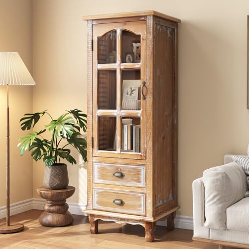 Image of Tall Storage Cabinet with Glass Door & 2 Drawers - Vintage Wood Display Cabinet, Single Door Cabinet with Shelves, Wood Storage Cabinet for Living Room (Solid Wood Frame + MDF)
