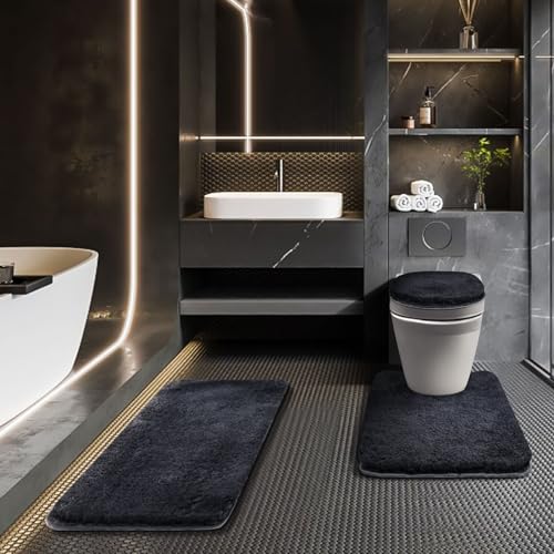Baahrnom Bathroom Rugs Sets 3 Piece with Adjustable Toilet Seat Cover 17.5"x 15" Machine Washable Bath Rug Set with TPR Non Slip Rubber Backing Solid Bath Mat Set for Luxury Bathroom Decoration by Baahrnom - Used condition - US$30.08