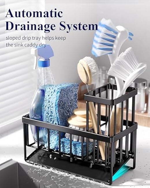 Kitsure Sponge Holder for Kitchen Sink - Rustproof Stainless Steel Sink Caddy Organization and Storage Essentials with High Brush Holder, Home Decor Accessories, 7.9 x 3.7 x 6.2, Black