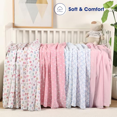 Image of david's kids 4 Pack Baby Muslin Swaddle Blankets, 100% Cotton and Ultra Soft Breathable Receiving Blanket Wrap for Girls, New Born Essentials, Large 47 x 47 inches, Letters