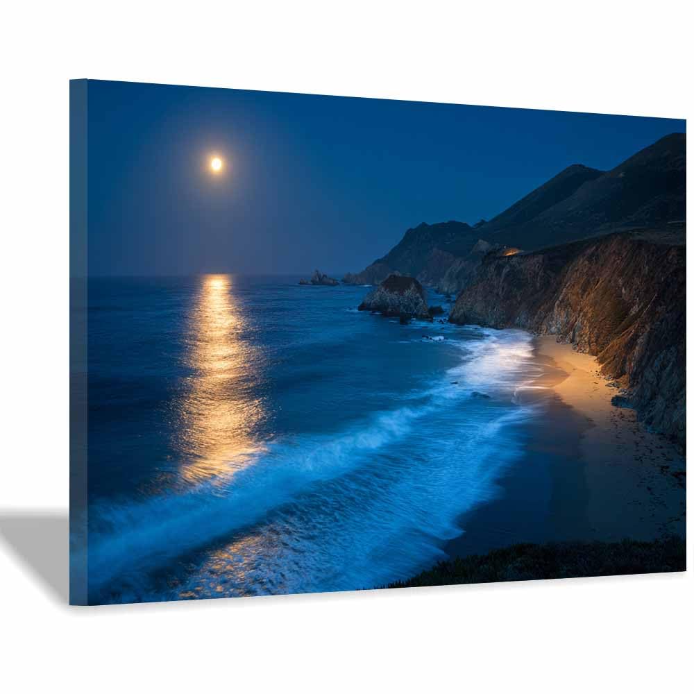 PUQAAEO Canvas Prints Wall Art Moonlight Ocean Viewss Landscape Pictures Modern Canvas Painting Giclee Artwork For Home Decoration(Multicolor)-70x100cm Framed