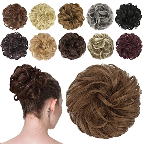 FESHFEN Messy Bun Hair Piece Hair Bun Scrunchies Hairpieces for Women Medium Warm Brown Synthetic Wavy Chignon Ponytail Hair Extensions Thick Updo Hairpiece for Daily Wear 1PCS