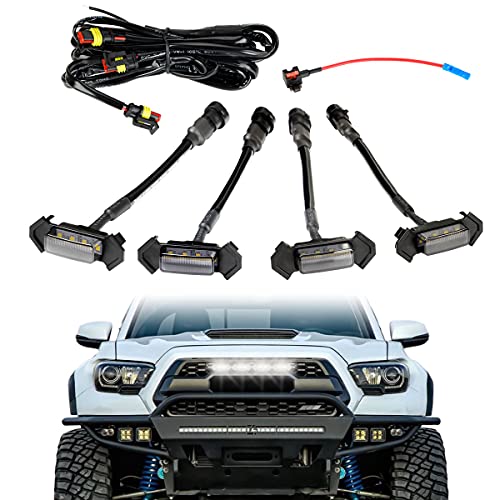 LED Grille Lights with 4 leads Harness & Fuse,4Pcs ABS Plastic Auto Grille LED Lights Front Bumper Cover Lamp Fit for Toyota Tacoma 2016, 2017, 2018,2019 TRD PRO Grille (White)