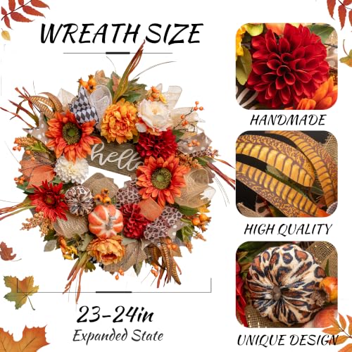 Image of 24 Inch Fall Wreaths for Front Door, Rustic Autumn Wreath with Hello Sign