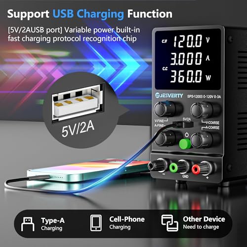 Image of DC Power Supply Variable, 120V 3A Adjustable Switching Regulated DC Bench Power Supply with High Precision 4-Digits LED Display, 5V /2A USB Port, Coarse and Fine Adjustments SPS-12003N