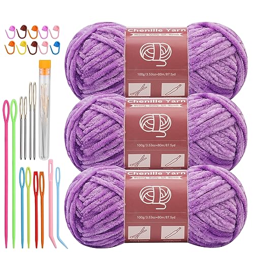 Image of LUNARM Chenille Yarn 3 Pack 3.5oz Chunky Blanket Velvet Yarn 263 Yard | Light Purple Chunky Chenille Yarn for Beginners Crocheting Hand Knitting Scarves with Big Eye Needles Machine Washable
