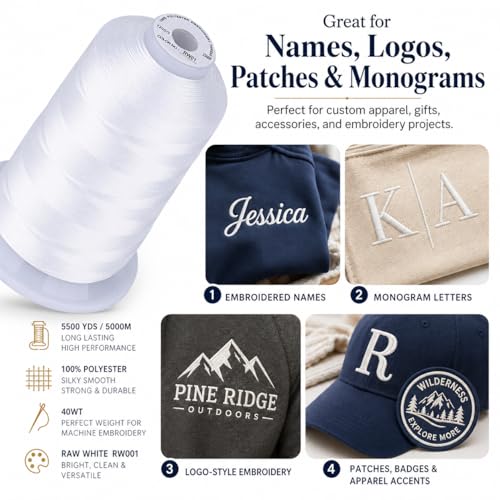 Image of Simthread 5000M 40WT Polyester Embroidery Thread, Raw White RW001 | 5000M 40WT polyester thread feeds smoothly for machine embroidery, monograms, logos, patches and quilting.